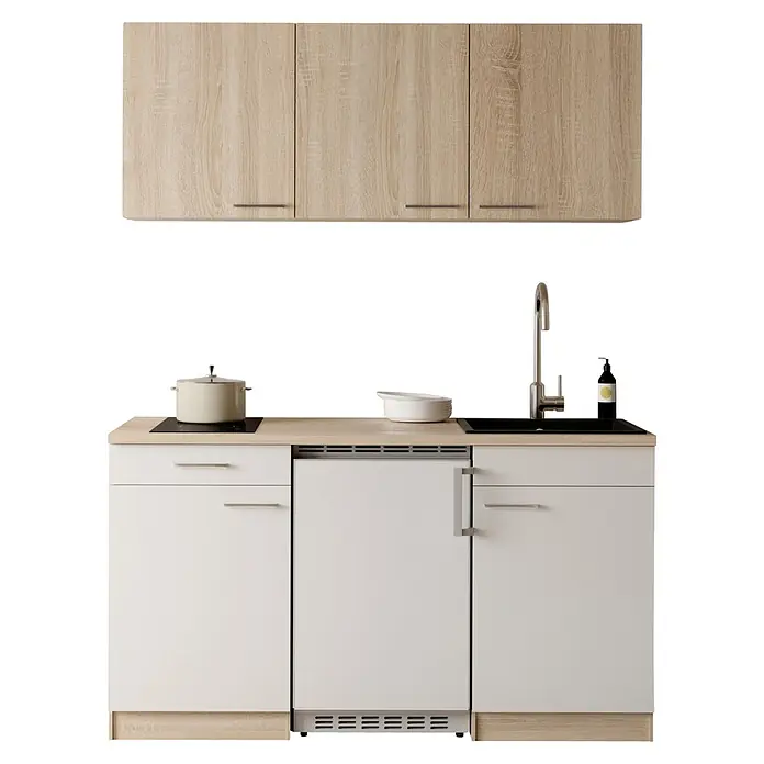 Respekta Miniküche Ingrid - Breite: 150 cm, Weiß, Mit Kochfeld + Kühlschrank - Moderne Küchenzeile mit hellen Holz-Oberschränken, Arbeitsplatte und weißen Unterschränken, inkl. Spüle, Kochfeld und Kompaktgerät.