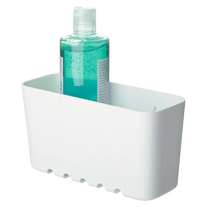 Tatay Standard Cesta de baño - L x An x Al: 8,5 x 20 x 11 cm, Blanco - Caja de almacenamiento blanca con una botella de jabón líquido azul, ideal para utensilios de baño. Almacenamiento práctico para el baño.