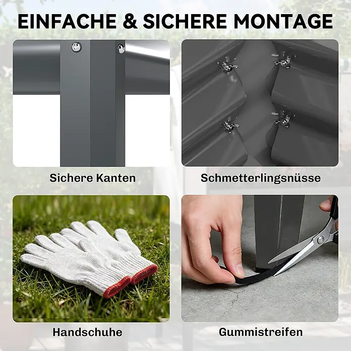 Outsunny Hochbeet Mit Frühbeetaufsatz - Metall, Dunkelgrau - Verbundbild mit sicheren Kanten, Flügelmuttern, Handschuhen und Gummistreifen zur Demonstration einfacher und sicherer Montage.