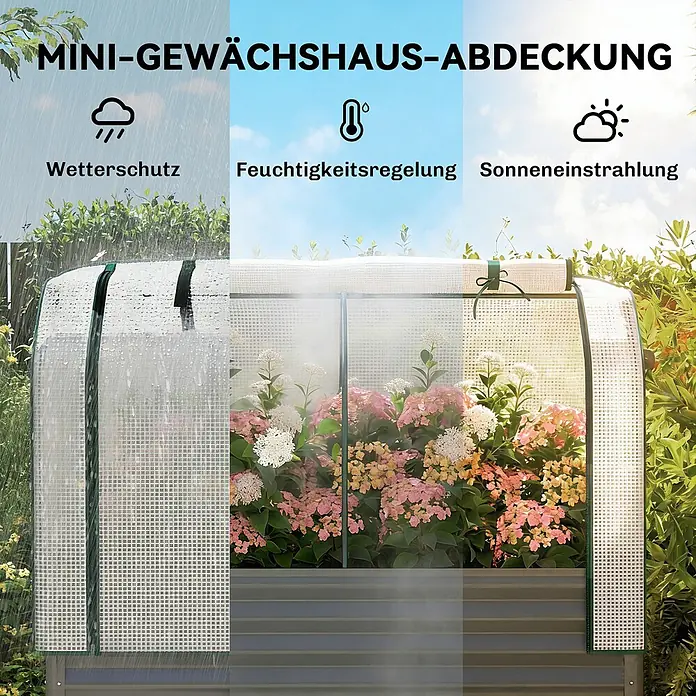 Outsunny Hochbeet Mit Frühbeetaufsatz - Metall, Dunkelgrau - Mini-Gewächshaus-Abdeckung aus transparentem, gitterverstärktem Material mit grünen Akzenten, schützt Pflanzen vor Wetter und reguliert Feuchtigkeit und Sonneneinstrahlung.