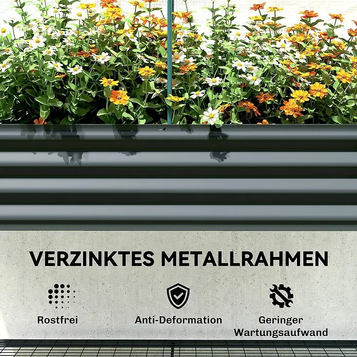 Outsunny Hochbeet Mit Frühbeetaufsatz - Metall, Dunkelgrau - Dunkelgraues Hochbeet aus verzinktem Metall, gefüllt mit weißen und orangen Blumen. Rostfrei, verformungsbeständig und pflegeleicht.