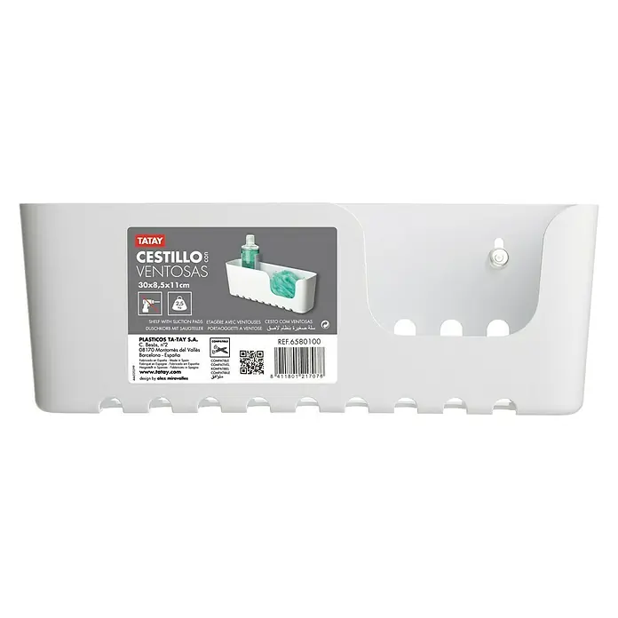 Tatay Standard Cesta de baño - L x An x Al: 8,5 x 30 x 11 cm, Blanco - Foto del producto del estante blanco TATAY Cestillo Ventosas con ventosas, ideal para accesorios de baño.