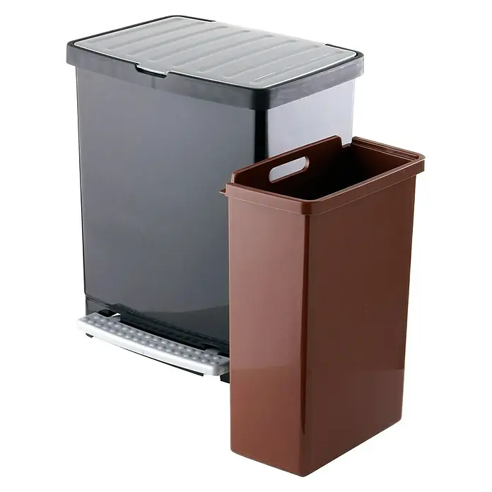 Tatay Papelera estándar Reciclaje - 25 l, Negro, Rectangular, Plástico - Un cubo de basura negro con pedal y tapa y un cubo interior marrón extraíble. Práctico para cocina y baño.