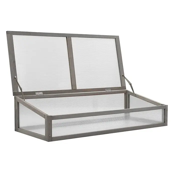 Furnicato Hochbeet Inklusive Gewächshaus-Aufsatz - 110 x 54 x 120 cm, Holz, Grau - Graues Holz-Frühbeet mit transparenten Wellplatten, Deckel geöffnet.