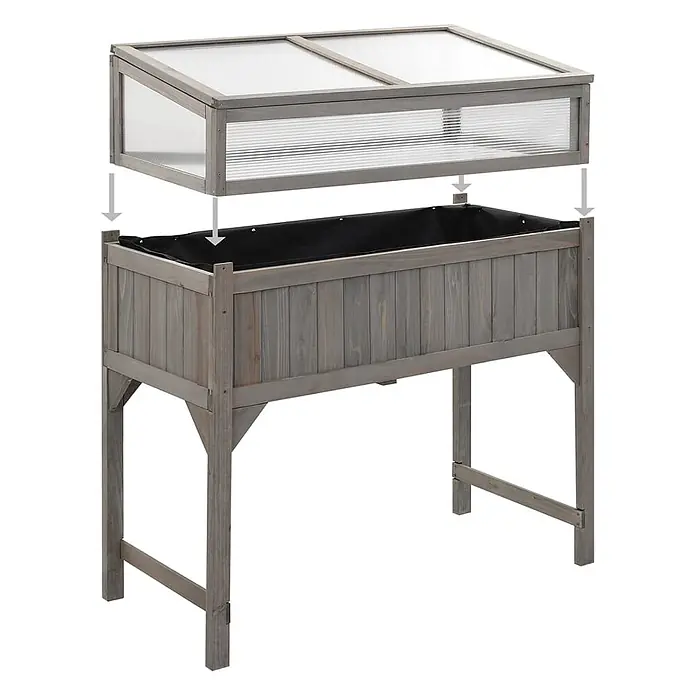 Furnicato Hochbeet Inklusive Gewächshaus-Aufsatz - 110 x 54 x 120 cm, Holz, Grau - Graues Hochbeet aus Holz mit schwarzer Folie und abnehmbarem Frühbeetaufsatz.