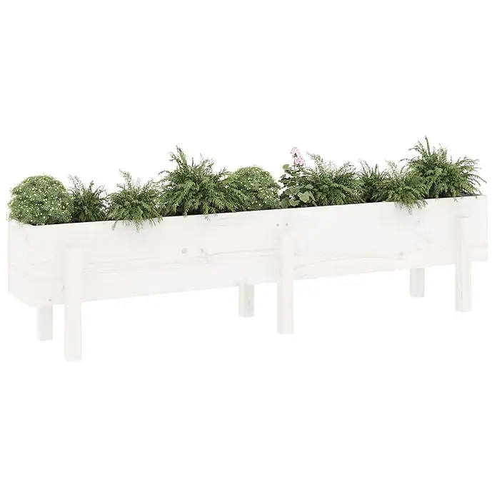 Furnicato Hochbeet - 30 x 160 x 38 cm, Holz, Weiße Kiefer - Weißer Hochbeet-Pflanzkasten aus Holz mit grünen Pflanzen und einigen rosa Blüten.
