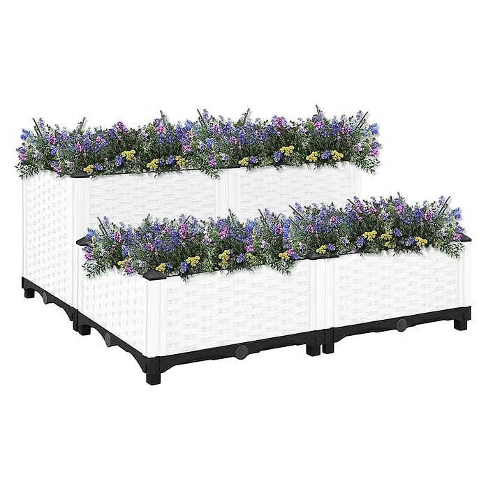 Furnicato Hochbeet Polypropylen - 38 x 80 x 80 cm, Kunststoff, Weiß - Zweistöckiges weißes Hochbeet in Rattanoptik mit bunten Blumen, auf schwarzen Füßen.