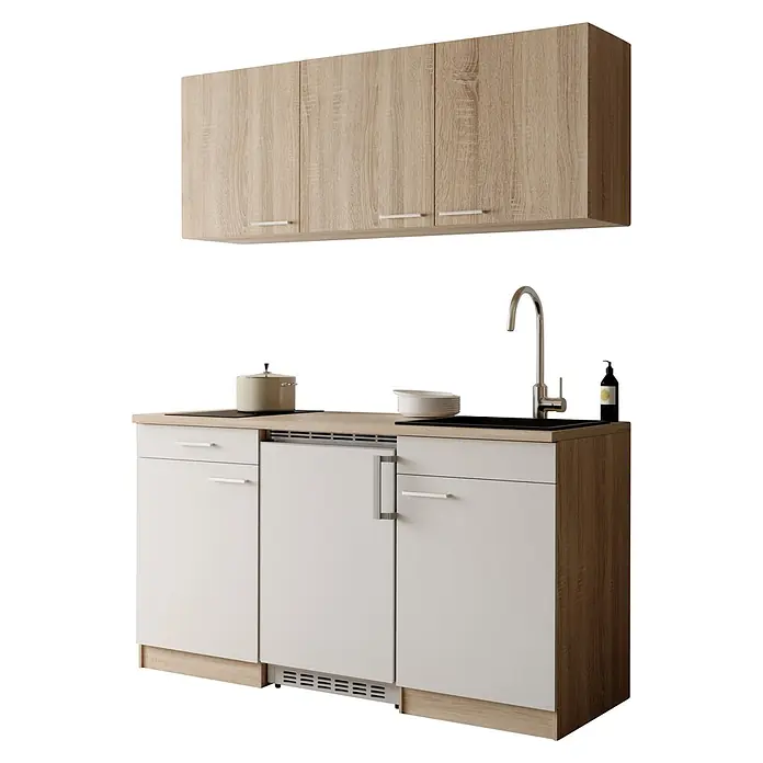 Respekta Miniküche Ingrid - Breite: 150 cm, Weiß, Mit Kochfeld + Kühlschrank - Kompakte Küchenzeile mit hellen Holz-Oberschränken, Arbeitsplatte, weißen Unterschränken, integriertem Gerät, Kochfeld und Spüle.