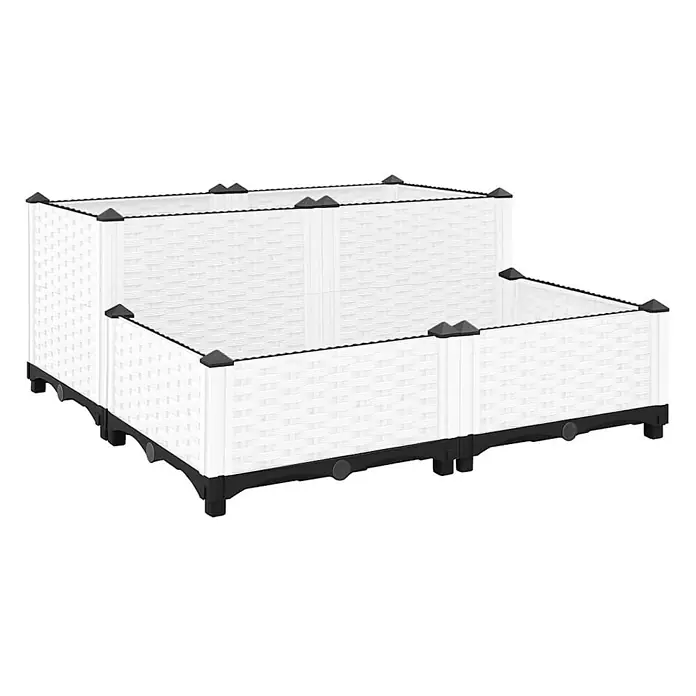 Furnicato Hochbeet Polypropylen - 38 x 80 x 80 cm, Kunststoff, Weiß - Weißes, gestuftes Hochbeet aus Kunststoff mit Flechtstruktur und schwarzen Eckverbindern.