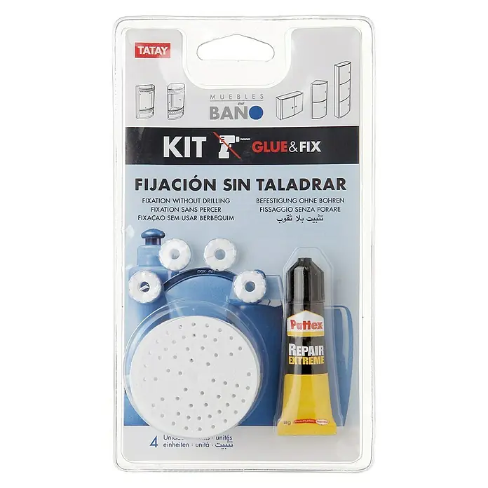 Tatay Kit de fijación Glue & Fix - 5 pzs. - Imagen del kit de montaje de muebles de baño "TATAY" "Glue & Fix" sin taladrar, incluyendo adhesivo, para una fácil instalación.