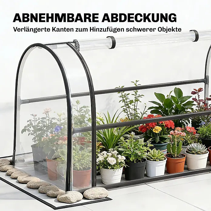 Outsunny Hochbeet Mit Frühbeetaufsatz - Kunststoff, Schwarz - Durchsichtiges Mini-Gewächshaus mit schwarzem Rahmen, beschwerte Ränder mit Steinen und Topfpflanzen.