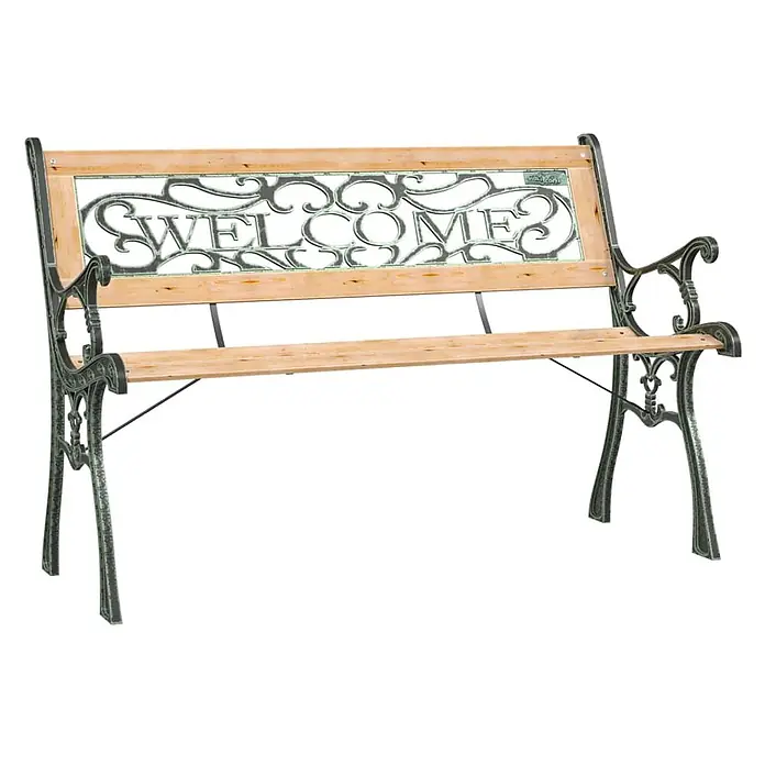 Furnicato Gartenbank Tannen-Massivholz - B x T x H: 122 x 51 x 73 cm, Braun - Eine verzierte Gartenbank mit einer dunklen Metall-Rückenlehne mit 'WELCOME'-Schriftzug und natürlichen Holzlatten.