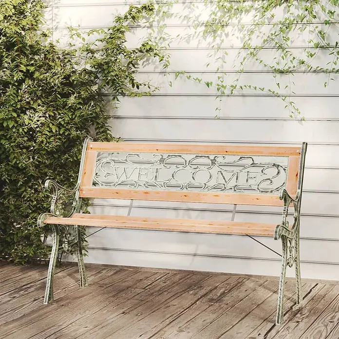 Furnicato Gartenbank Tannen-Massivholz - B x T x H: 122 x 51 x 73 cm, Braun - Gartenbank mit heller Holzauflage und dekorativem Metallgestell mit „WELCOME“-Schriftzug.