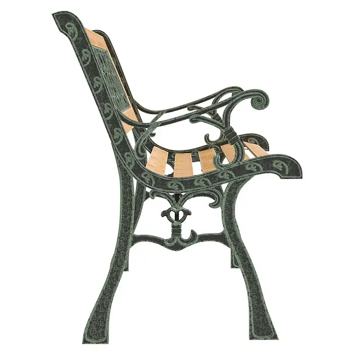 Furnicato Gartenbank Tannen-Massivholz - B x T x H: 122 x 51 x 73 cm, Braun - Seitenansicht einer verzierten Gartenbank mit dunkelgrünem Metallgestell und hellen Holzlatten.