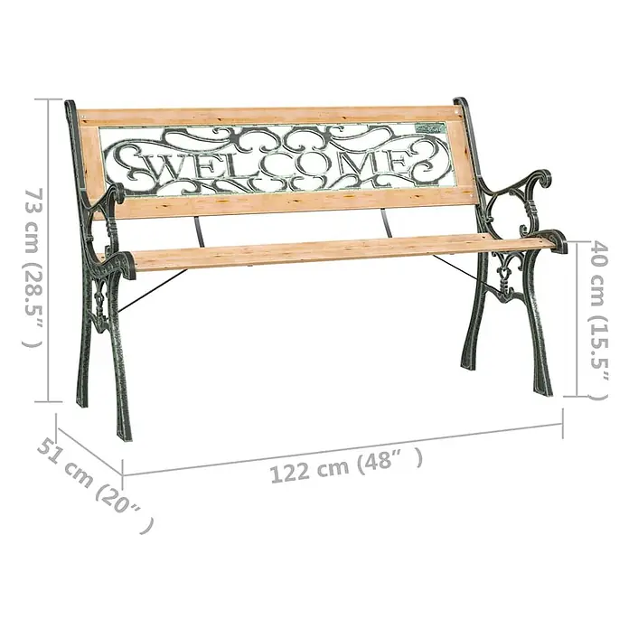 Furnicato Gartenbank Tannen-Massivholz - B x T x H: 122 x 51 x 73 cm, Braun - Holz-Gartenbank mit dekorativem Gusseisenrahmen und „WELCOME“-Schriftzug an der Rückenlehne.