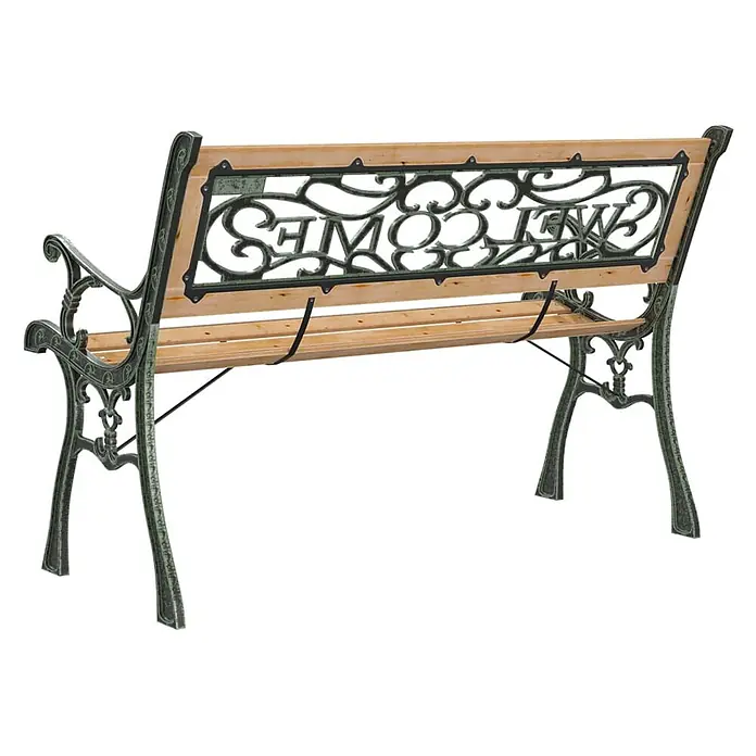 Furnicato Gartenbank Tannen-Massivholz - B x T x H: 122 x 51 x 73 cm, Braun - Gartenbank mit Naturholzlatten und dunkelgrünem Gusseisengestell mit dekorativem „WELCOME“-Schriftzug.