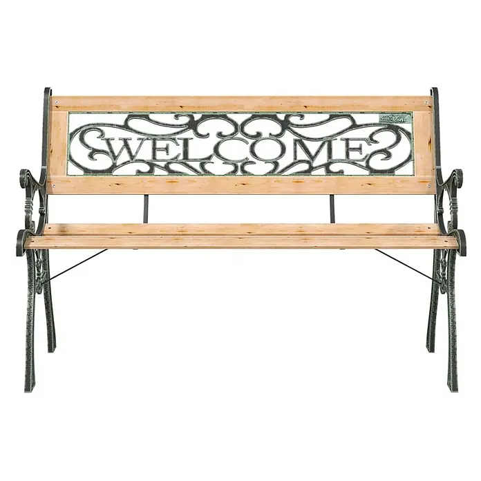 Furnicato Gartenbank Tannen-Massivholz - B x T x H: 122 x 51 x 73 cm, Braun - Gartenbank mit hellen Holzlatten und dunklem Metallrahmen mit „WELCOME“-Schriftzug an der Rückenlehne.