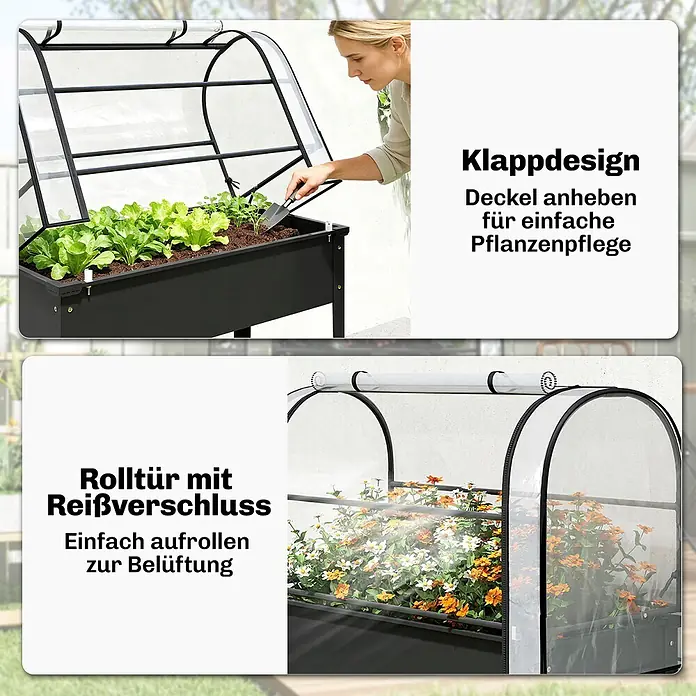 Outsunny Hochbeet Mit Frühbeetaufsatz - Kunststoff, Schwarz - Schwarzes Hochbeet mit transparenter Abdeckung, Klappdeckel zur Pflanzenpflege und Rolltür mit Reißverschluss zur Belüftung.
