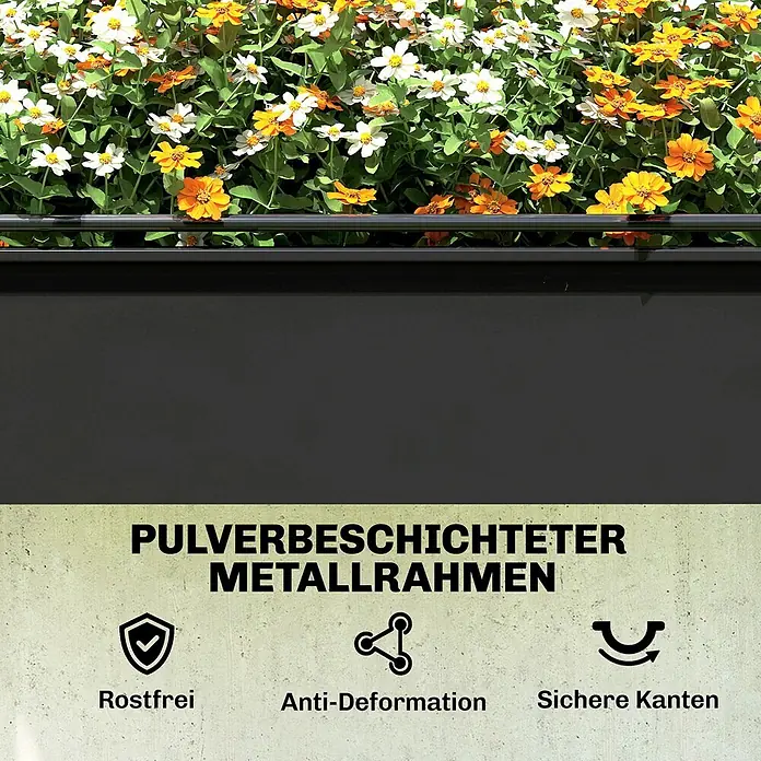 Outsunny Hochbeet Mit Frühbeetaufsatz - Kunststoff, Schwarz - Dunkelgraues pulverbeschichtetes Metall-Pflanzgefäß mit weißen und orangefarbenen Blumen, zeigt Rostfreiheit, Verformungsbeständigkeit und sichere Kanten.