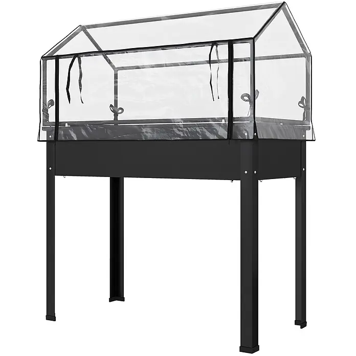 Furnicato Hochbeet Inklusive Gewächshaus-Aufsatz - 100 x 48 x 124 cm, Metall, Schwarz - Schwarzes Hochbeet aus Metall mit transparenter PVC-Gewächshausabdeckung zum Pflanzenschutz.