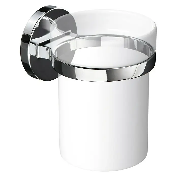 Tatay Soporte de montaje mural - Cromo, Resplandeciente - Un elegante portacepillos de dientes de pared con detalles cromados brillantes y un recipiente blanco, ideal para un baño moderno.