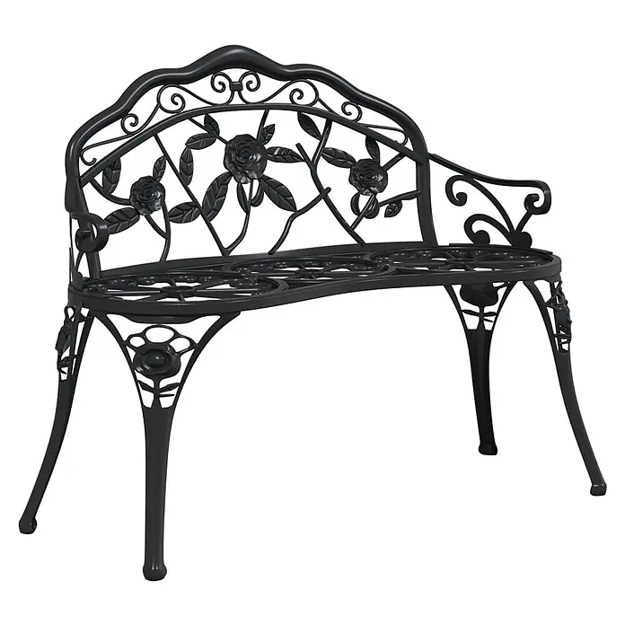 Furnicato Gartenbank Aluminiumguss - B x T x H: 100 x 54 x 80 cm, Schwarz - Schwarze Metall-Gartenbank mit verschnörkeltem Rosen- und Blätterdesign.