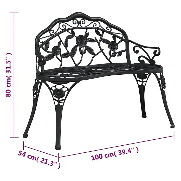Furnicato Gartenbank Aluminiumguss - B x T x H: 100 x 54 x 80 cm, Schwarz - Schwarze Metall-Gartenbank mit verziertem Rosenmuster auf der Rückenlehne.