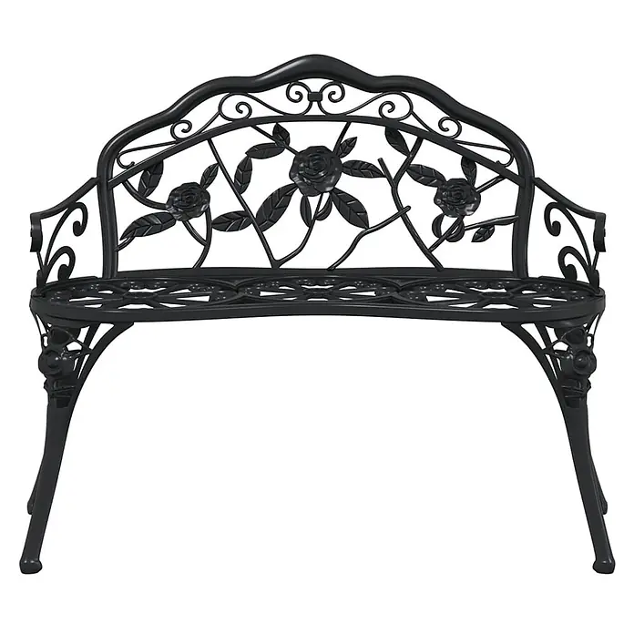 Furnicato Gartenbank Aluminiumguss - B x T x H: 100 x 54 x 80 cm, Schwarz - Schwarze Metallgartenbank mit dekorativem Rosen- und Blättermotiv.