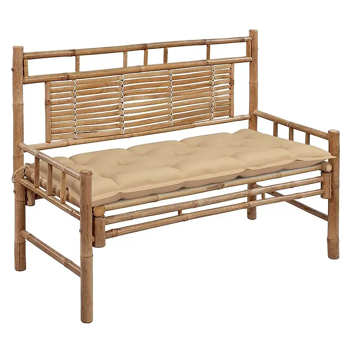 Furnicato Gartenbank Bambus - B x T x H: 55 x 120 x 90 cm, Beige - Bambusbank mit hellbeigem Kissen.