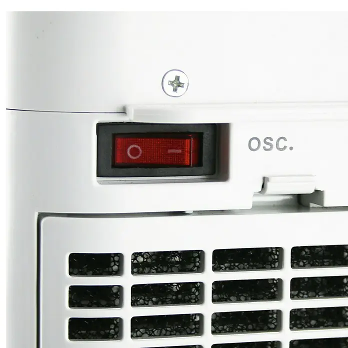 Voltomat HEATING Calefactor de aire Torre - 1.000 W - 2.000 W, Gris - Detalle de un calentador con interruptor de oscilación y rejilla de ventilación.