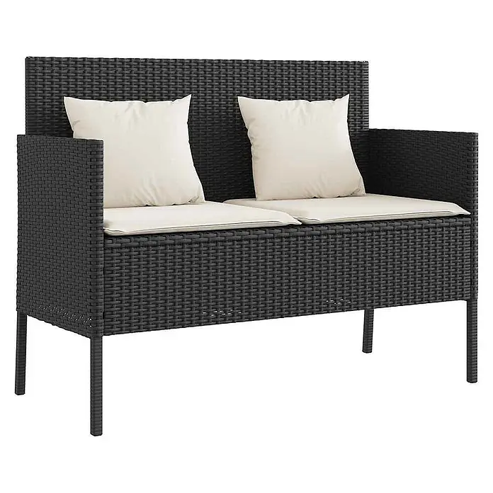 Furnicato Gartenbank PE-Rattan - B x T x H: 113 x 61 x 87 cm, Schwarz und Creme - Schwarze Rattan-Sitzbank für 2 Personen mit cremefarbenen Kissen.