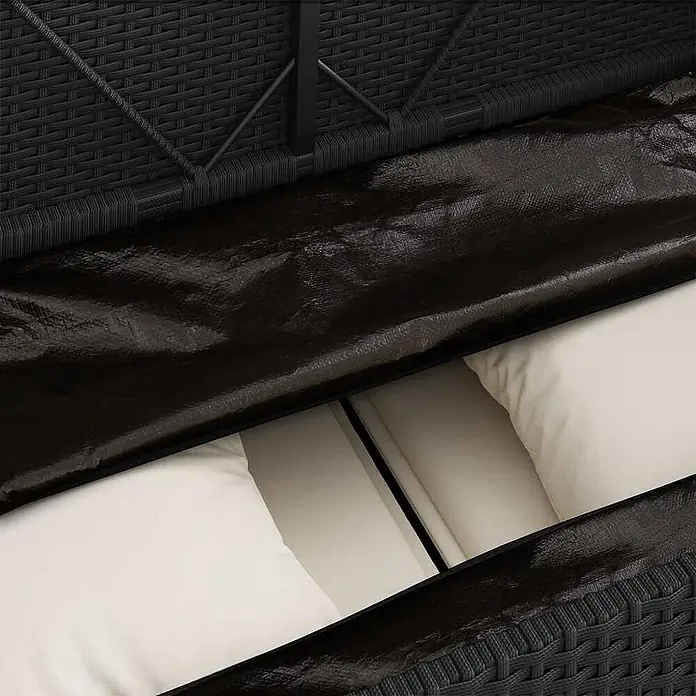 Furnicato Gartenbank - B x T x H: 113 x 61 x 87 cm, Schwarz und Creme - Innenansicht einer schwarzen Rattan-Aufbewahrungsbox mit schwarzer wasserdichter Auskleidung über cremefarbenen Kissen.