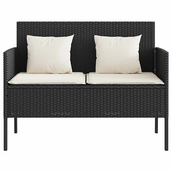 Furnicato Gartenbank PE-Rattan - B x T x H: 113 x 61 x 87 cm, Schwarz und Creme - Schwarzes Rattan-Zweisitzer-Gartenssofa mit cremefarbenen Kissen.