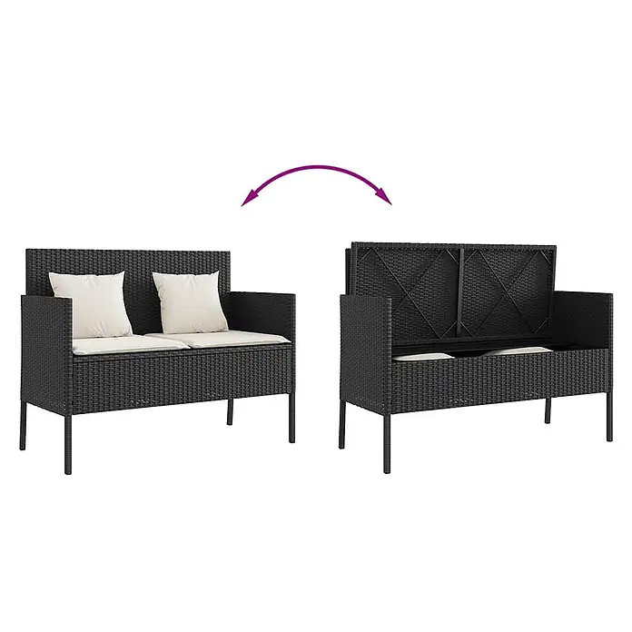 Furnicato Gartenbank PE-Rattan - B x T x H: 113 x 61 x 87 cm, Schwarz und Creme - Schwarze Rattan-Gartenbank mit Stauraum und cremefarbenen Kissen, als Bank und offen gezeigt.