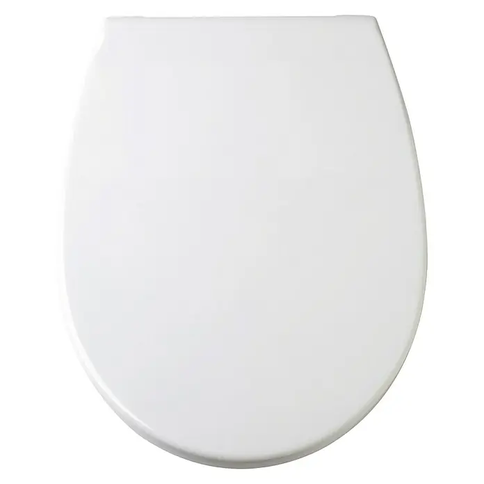 Tatay Tapa de WC Optima - Plástico, Blanco, Con caída amortiguada - Primer plano de un asiento de inodoro blanco con forma ovalada. El asiento es de plástico liso y parece limpio.
