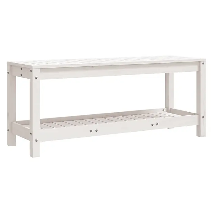 Furnicato Gartenbank Kiefernholz-Massivholz - B x T x H: 108 x 35 x 45 cm, Weiße Kiefer - Weiße Holzbank mit zwei Lattenregalen, ideal für Schuhe.