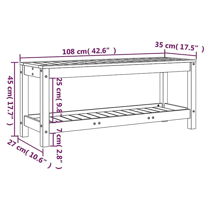 Furnicato Gartenbank Kiefernholz-Massivholz - B x T x H: 108 x 35 x 45 cm, Weiße Kiefer - Holzbank mit Lattenrost und unterer Lattenablage. Gesamtmaße: 108 cm breit, 35 cm tief und 45 cm hoch. Detaillierte Maße werden angezeigt.