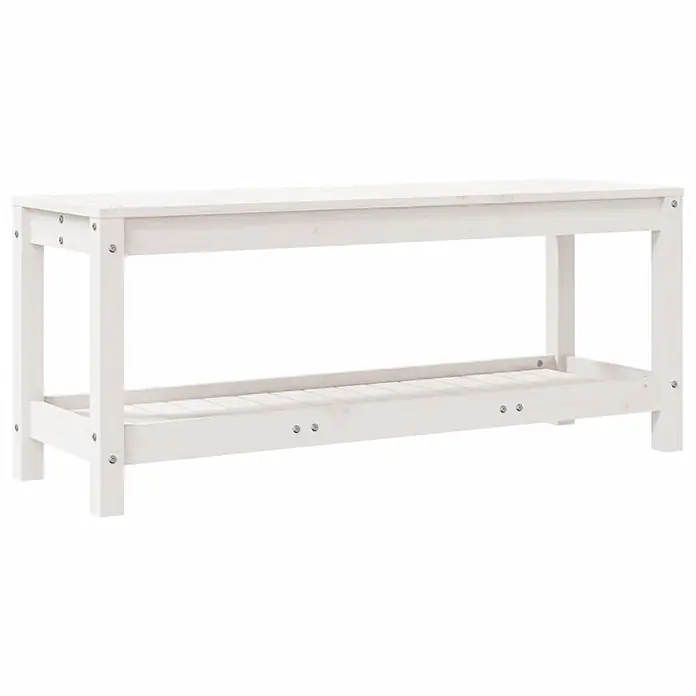 Furnicato Gartenbank Kiefernholz-Massivholz - B x T x H: 108 x 35 x 45 cm, Weiße Kiefer - Weiße Holzbank mit einer offenen Lattenablage darunter.
