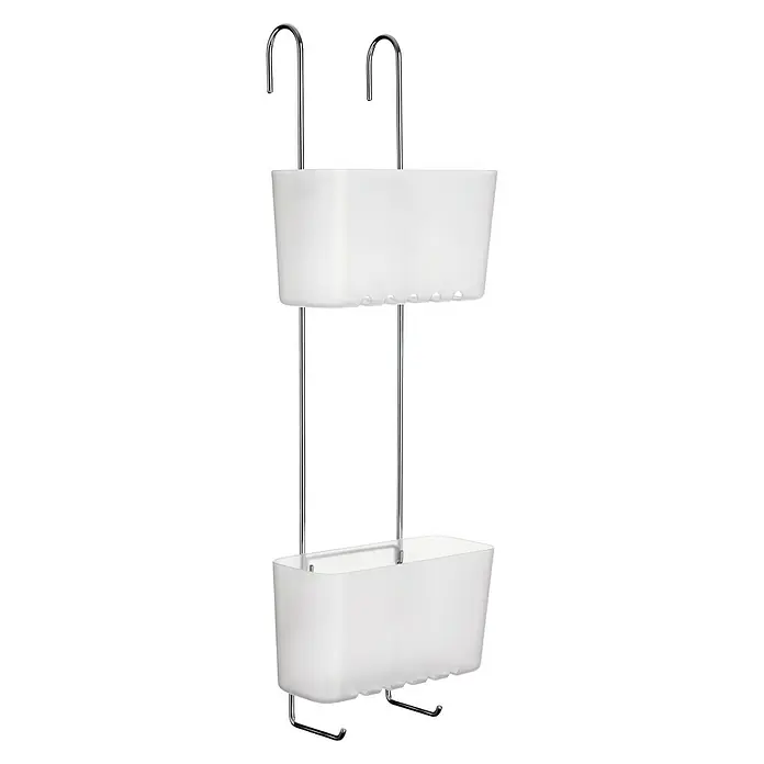 Tatay Standard Cesta de baño doble - 13 x 20 x 59 cm, Blanco - Imagen de un organizador de ducha con dos cestas y ganchos para colgar. Práctico para accesorios de baño.