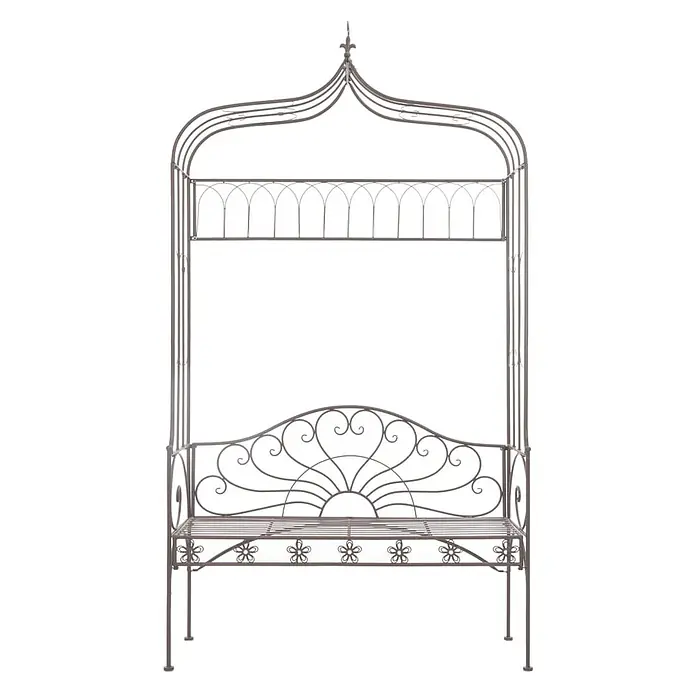 Furnicato Gartenbank Schmiedeeisen Antik-Braun - B x T x H: 122 x 43 x 220 cm, Braun - Dunkelgraue, verzierte Metallgartenbank mit bogenförmigem Dach und Schnörkeln, ideal für Sitzgelegenheiten im Freien.