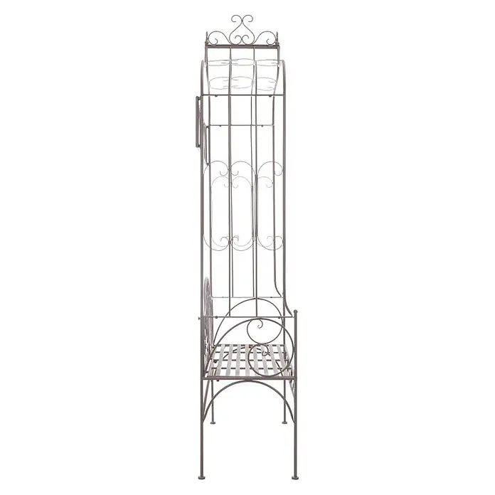 Furnicato Gartenbank Schmiedeeisen Antik-Braun - B x T x H: 122 x 43 x 220 cm, Braun - Verzierte graue Metall-Pflanzenetagere mit Schnörkeln und Lamellenböden.