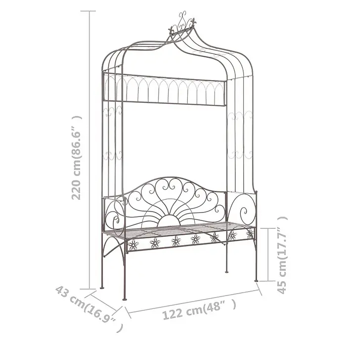Furnicato Gartenbank Schmiedeeisen Antik-Braun - B x T x H: 122 x 43 x 220 cm, Braun - Verzierte braune Metallgartenbank mit integriertem Bogen/Pergola, Maße angezeigt.