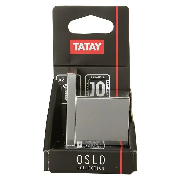Tatay Oslo Colgador - Número de ganchos: 1 ud. - Primer plano de un accesorio de baño de la COLECCIÓN OSLO de TATAY en un embalaje negro con detalles rojos, que promete diseño moderno y calidad.