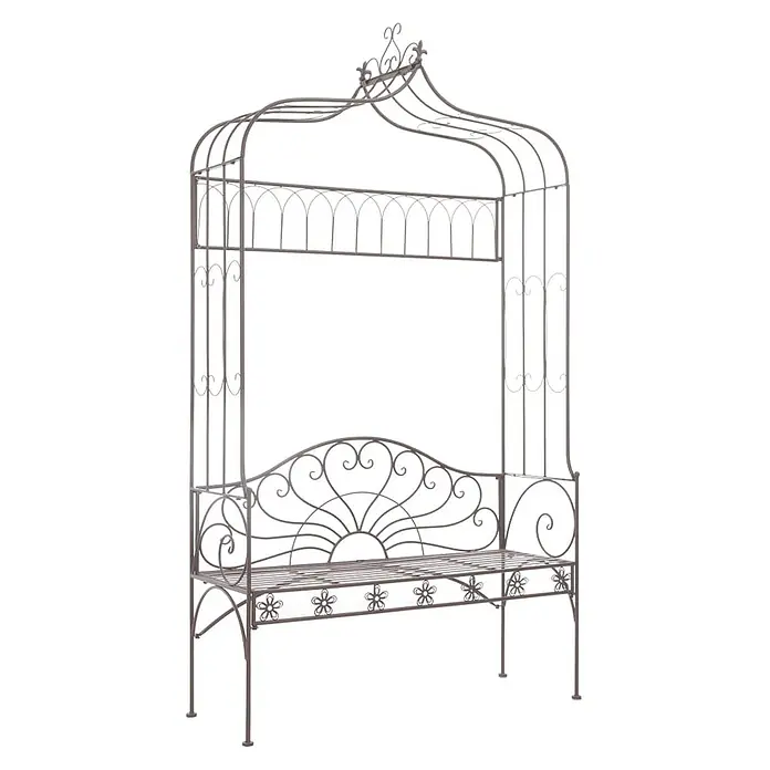 Furnicato Gartenbank Schmiedeeisen Antik-Braun - B x T x H: 122 x 43 x 220 cm, Braun - Dekorative braun-graue Metallgartenbank mit integriertem Rankgitterdach, verziert mit filigranen Schnörkeln und einer Sonnenstrahlen-Rückenlehne.
