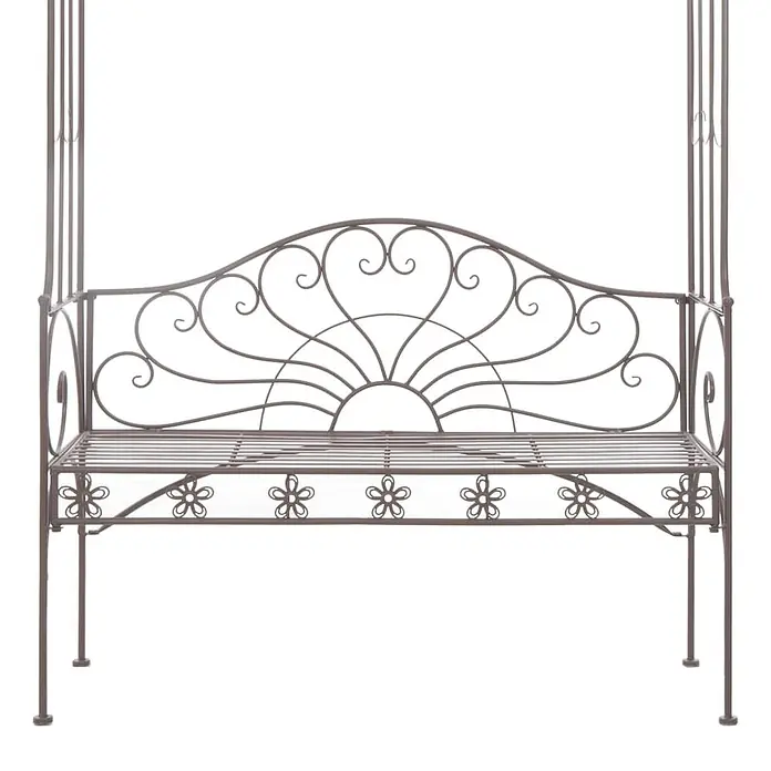 Furnicato Gartenbank Schmiedeeisen Antik-Braun - B x T x H: 122 x 43 x 220 cm, Braun - Dunkle Metall-Gartenbank mit verschnörkeltem Rückenlehne, Sonnendekor und Blumenakzenten, mit hohen Seitenstützen.
