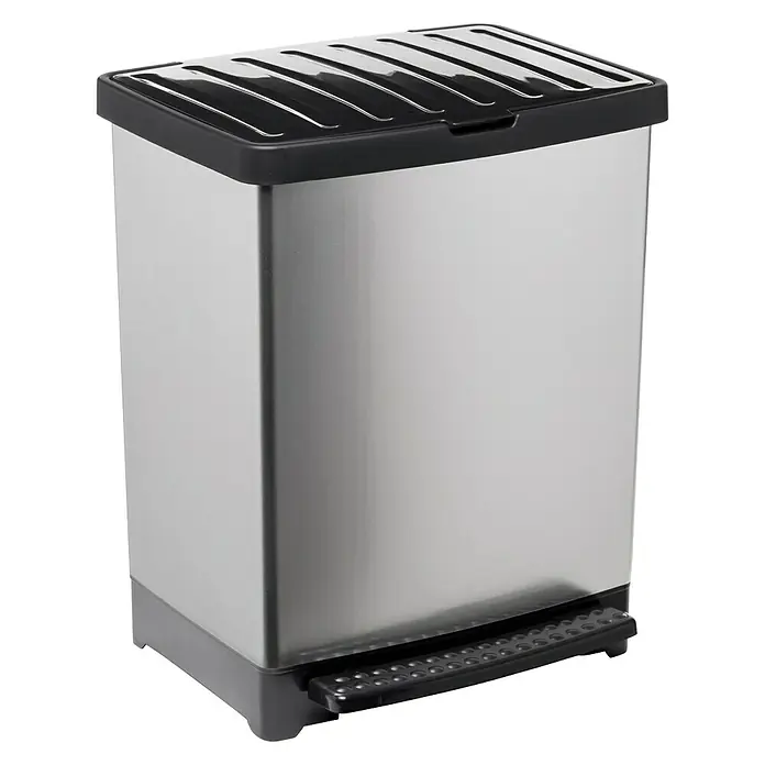 Tatay Cubo con pedal Pedal Trend - 25 l, Plástico, Gris/Negro - Cubo de basura metálico con pedal y tapa negra. El cubo de basura es rectangular y se apoya sobre una base negra.