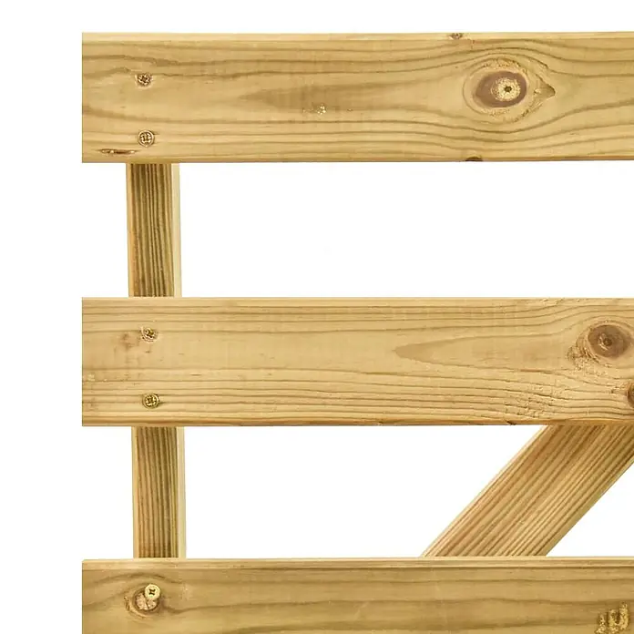 Furnicato Gartenbank - Grün - Helle, imprägnierte Holzgartentorstruktur mit horizontalen Latten, vertikaler Stütze und Diagonalstrebe, mit Schrauben befestigt.
