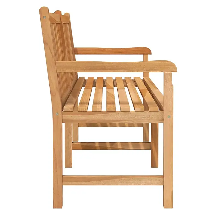 Furnicato Gartenbank Teak-Hartholz lackiert - B x T x H: 150 x 60 x 90 cm, Braun - Seitenansicht einer hellen Holzgartenbank mit Lattenrostsitz, Rückenlehne und Armlehnen.