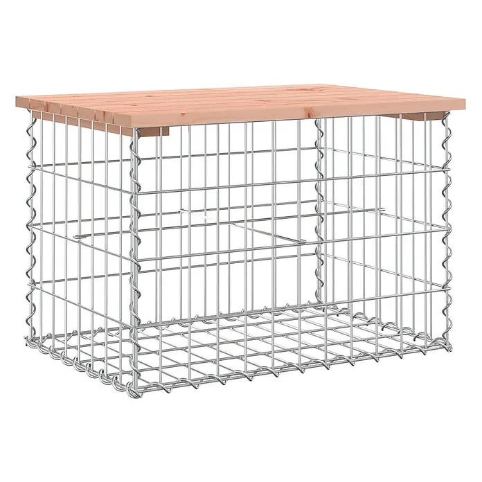 Furnicato Gartenbank Douglasien-Massivholz - B x T x H: 63 x 44 x 42 cm, Natürliches Douglasie - Gabionen-Aufbewahrungseinheit aus silbernem Metallgeflecht mit einer hellbraunen Holzplatte.
