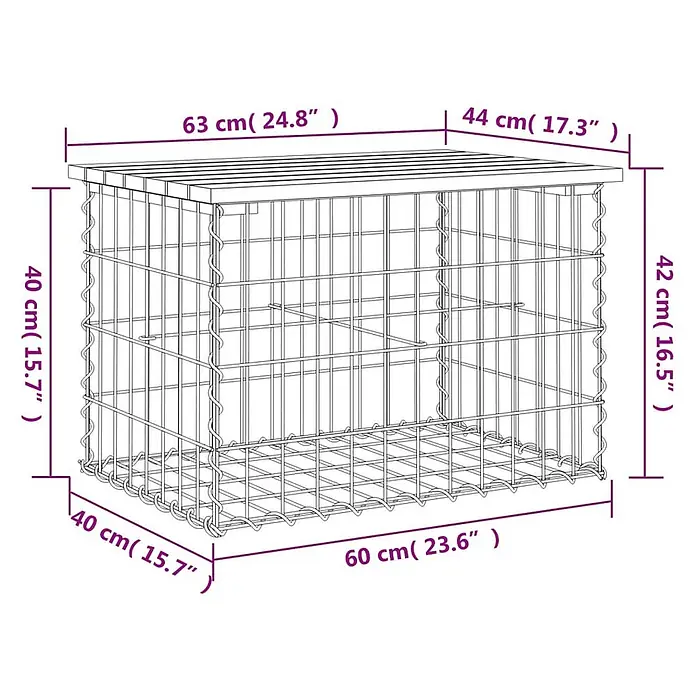 Furnicato Gartenbank Douglasien-Massivholz - B x T x H: 63 x 44 x 42 cm, Natürliches Douglasie - Rechteckiger Drahtgeflecht-Gabionenkorb mit Lattenholzplatte.